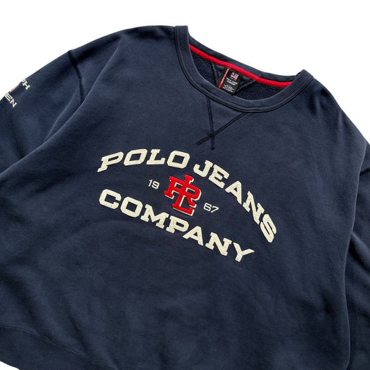 【USED】POLO JEANS CO. RALPH LAUREN Arch Logo Sweat Navy 4XL / ポロジーンズ ラルフローレン アーチロゴ 刺繍 前V スウェット トレーナー ネイビー 超ビッグサイズ 4XL 古着