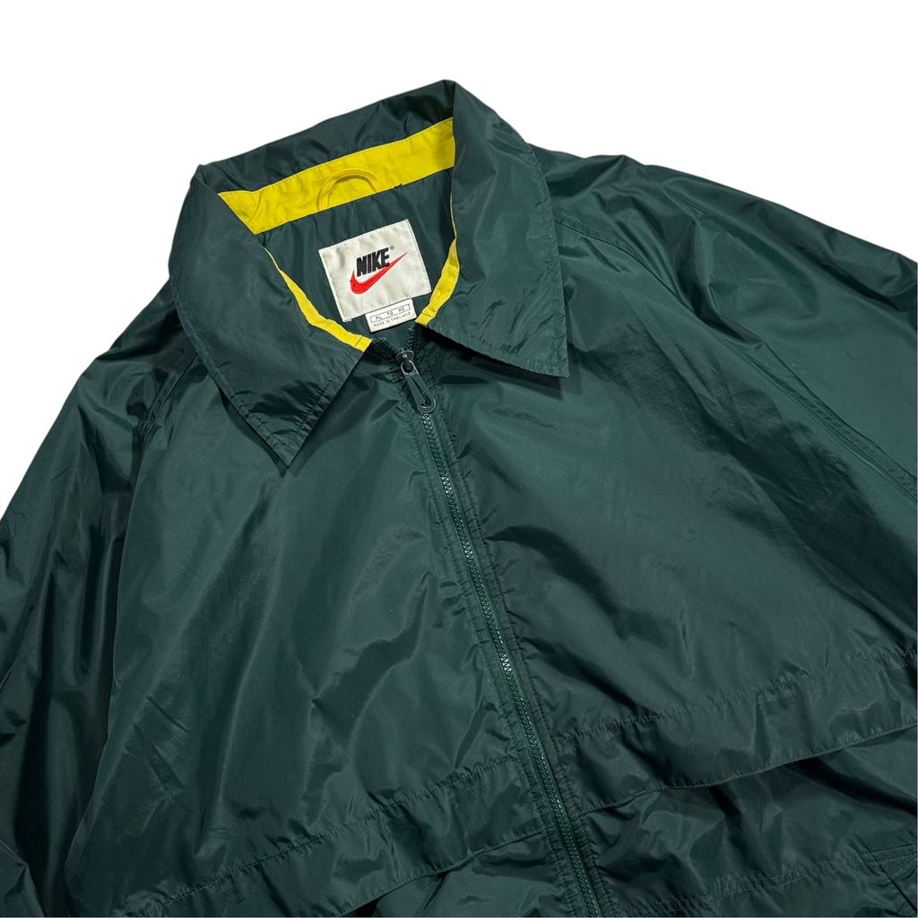 【USED】90s NIKE Nylon Full-Zip Jacket Dark Green x Yellow x White XL / ナイキ ナイロンジャケット フルジップ 襟付き 切替 バックビッグスウッシュ 90年代