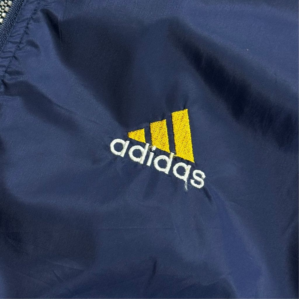 【USED】90s adidas Performance Logo Hooded Nylon Jacket Navy x Yellow x White XXL / アディダス パフォーマンスロゴ フーデッド ナイロンジャケット 切替 90年代