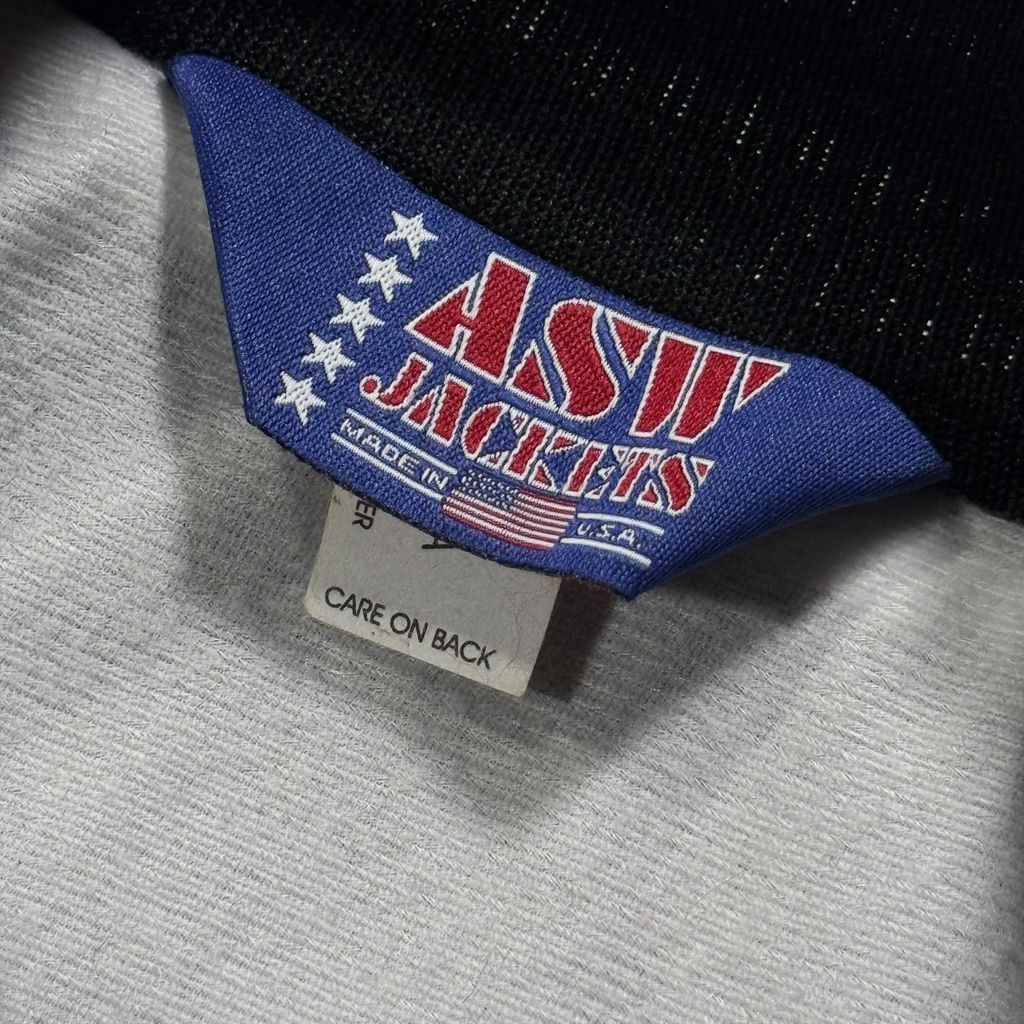 【USED】90s ASW Jackets Satin Bomber Jacket Black L / エーエスダブリュー ナイロンサテン スタジャン スタジアムジャケット カジノ 企業刺繍 ブラック 黒 アメリカ製 USA 90年代 ヴィンテージ 古着