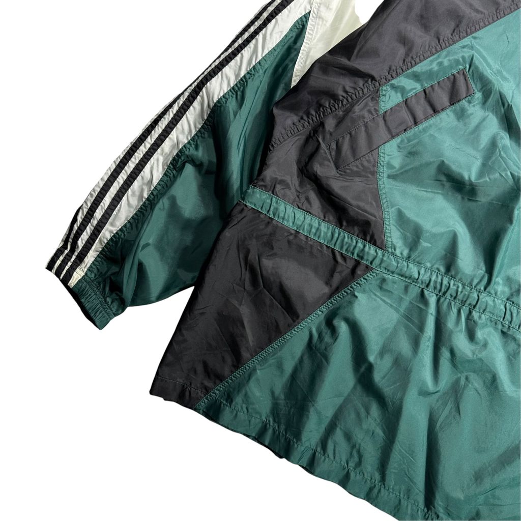 【USED】90s adidas Performance Logo Nylon Pullover Jacket Dark Green x Black x White L / アディダス パフォーマンスロゴ ナイロン プルオーバー ジャケット