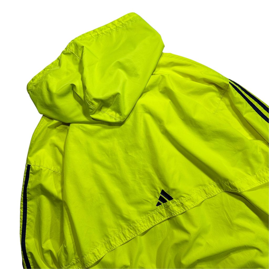 【USED】90s adidas Performance Logo Hooded Nylon Pullover Jacket Lime Green x Navy XL / アディダス パフォーマンスロゴ ナイロンジャケット プルオーバー アノラック