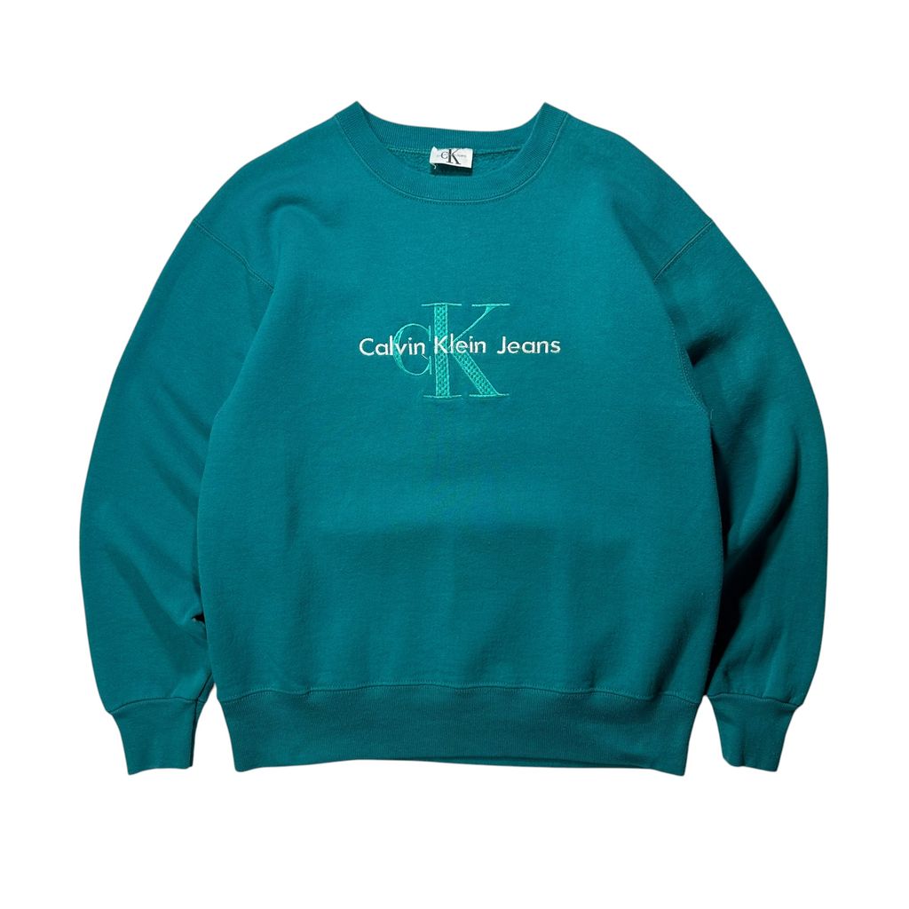 【USED】90s Calvin Klein Jeans Bootleg Sweat Teal Green / カルバンクラインジーンズ ブートレグ センターロゴ 刺繍 クルーネック スウェット ティールグリーン 青緑 90年代 ヴィンテージ 古着