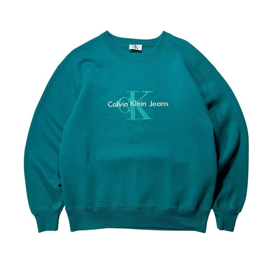 【USED】90s Calvin Klein Jeans Bootleg Sweat Teal Green / カルバンクラインジーンズ ブートレグ センターロゴ 刺繍 クルーネック スウェット ティールグリーン 青緑 90年代 ヴィンテージ 古着