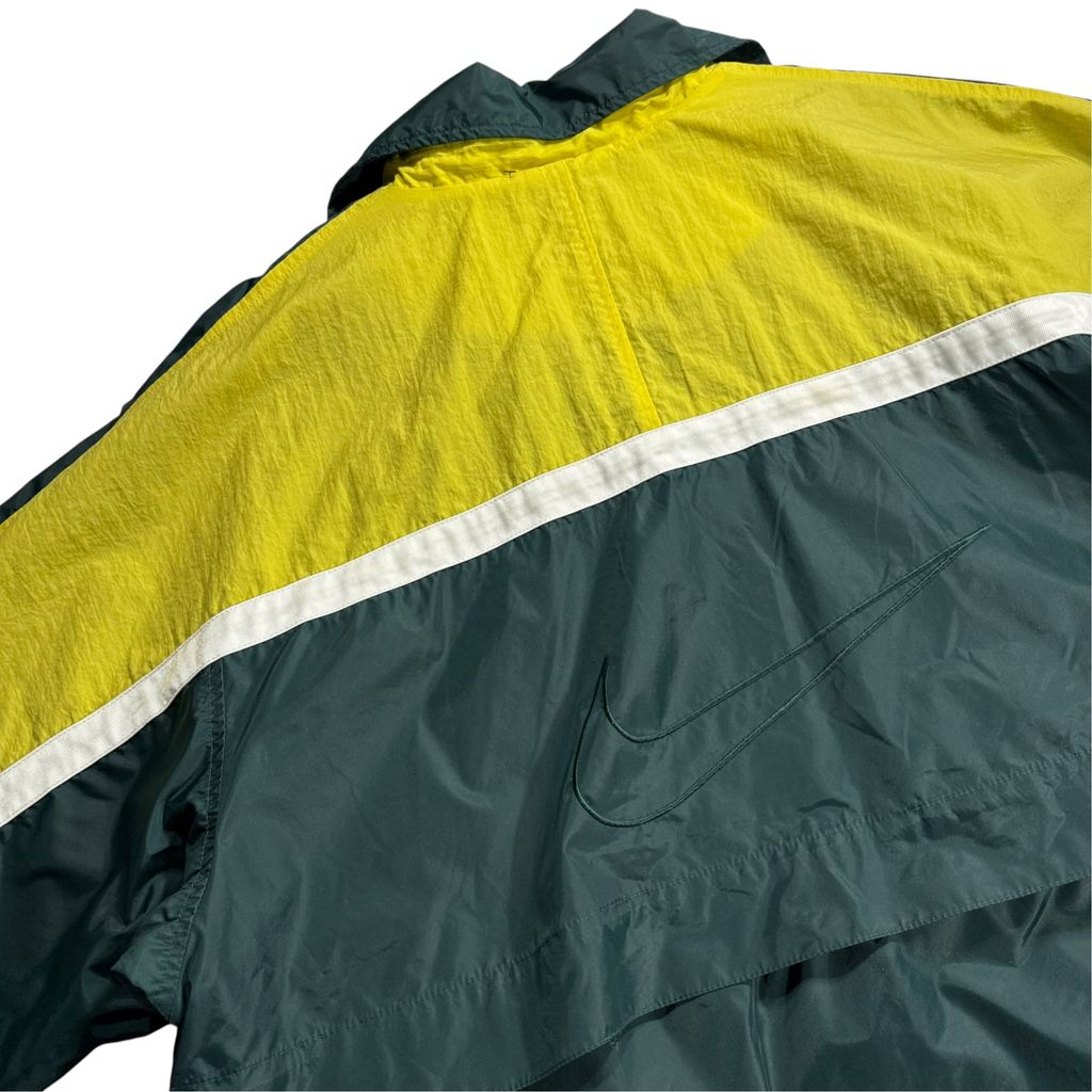 【USED】90s NIKE Nylon Full-Zip Jacket Dark Green x Yellow x White XL / ナイキ ナイロンジャケット フルジップ 襟付き 切替 バックビッグスウッシュ 90年代