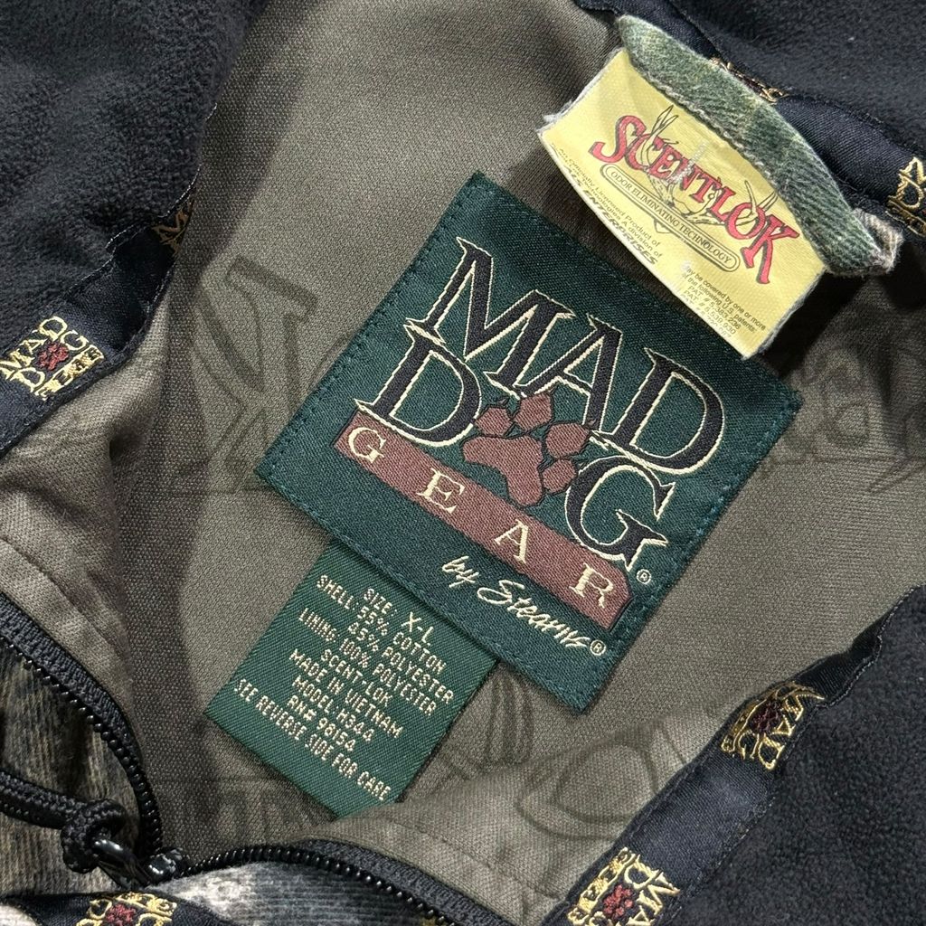 【USED】90s〜00s MAD DOG GEAR by Stearns Real Tree Camo Cotton Jacket XL / マッドドッグギア リアルツリーカモ 迷彩柄 コットンジャケット 総柄 企業刺繍 Scent-Lok 90年代 ヴィンテージ 古着