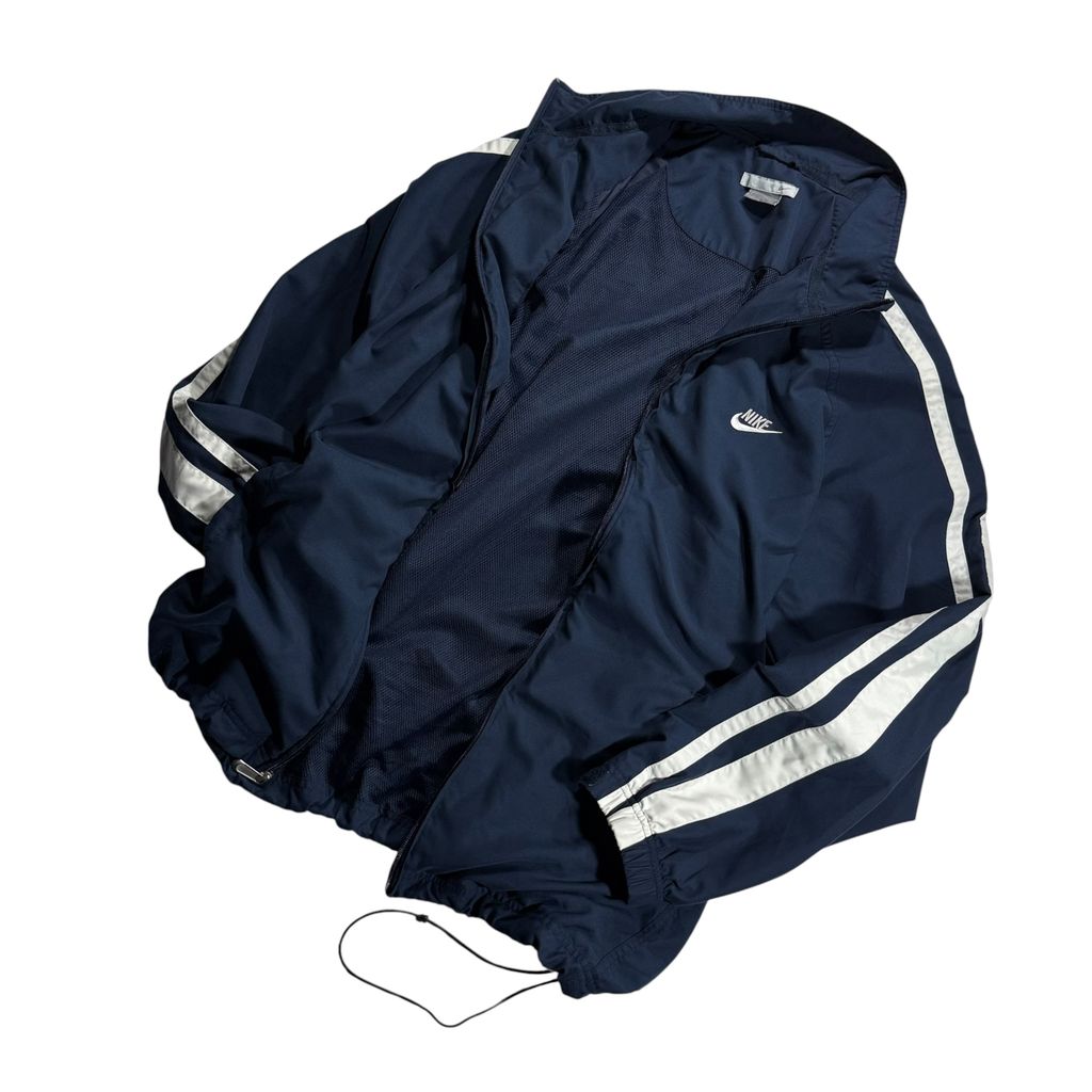 【USED】00s NIKE Nylon Track Jacket Navy x White XL / ナイキ ナイロンジャケット トラックジャケット サイドライン 刺繍ロゴ 紺 白 00年代