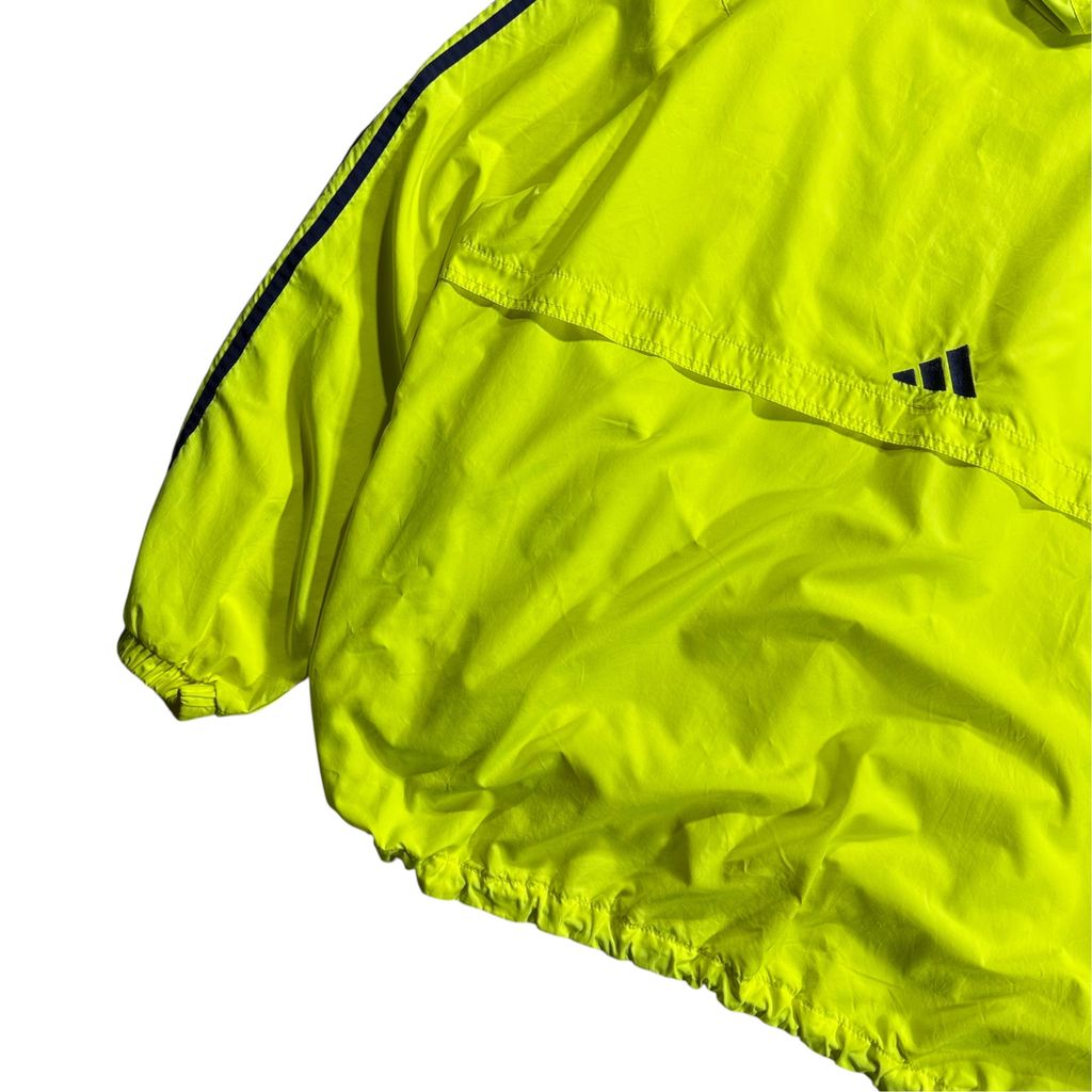 【USED】90s adidas Performance Logo Hooded Nylon Pullover Jacket Lime Green x Navy XL / アディダス パフォーマンスロゴ ナイロンジャケット プルオーバー アノラック