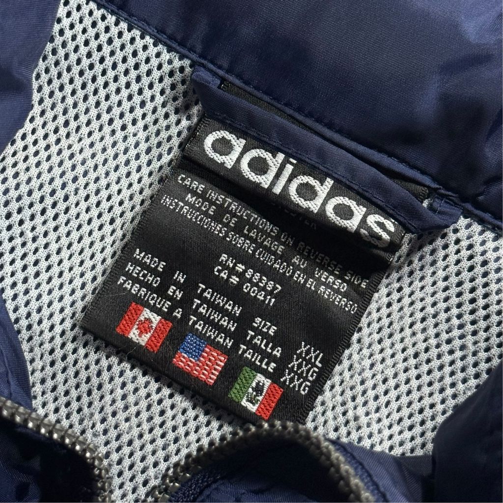 【USED】90s adidas Performance Logo Hooded Nylon Jacket Navy x Yellow x White XXL / アディダス パフォーマンスロゴ フーデッド ナイロンジャケット 切替 90年代