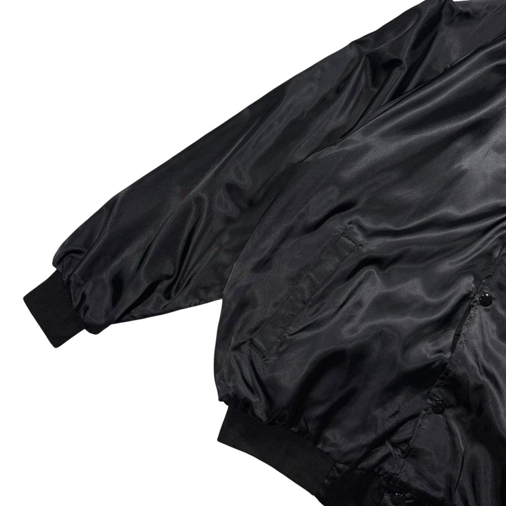 【USED】90s ASW Jackets Satin Bomber Jacket Black L / エーエスダブリュー ナイロンサテン スタジャン スタジアムジャケット カジノ 企業刺繍 ブラック 黒 アメリカ製 USA 90年代 ヴィンテージ 古着