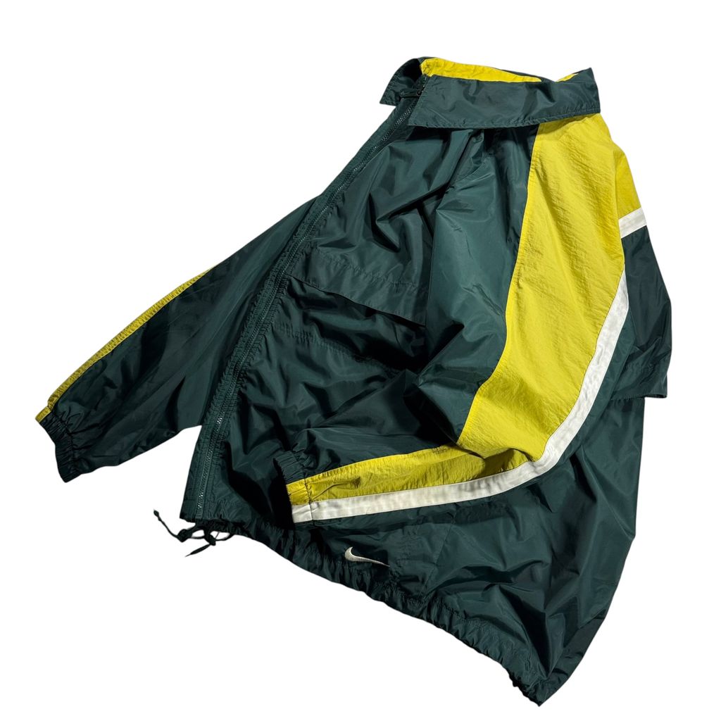 【USED】90s NIKE Nylon Full-Zip Jacket Dark Green x Yellow x White XL / ナイキ ナイロンジャケット フルジップ 襟付き 切替 バックビッグスウッシュ 90年代