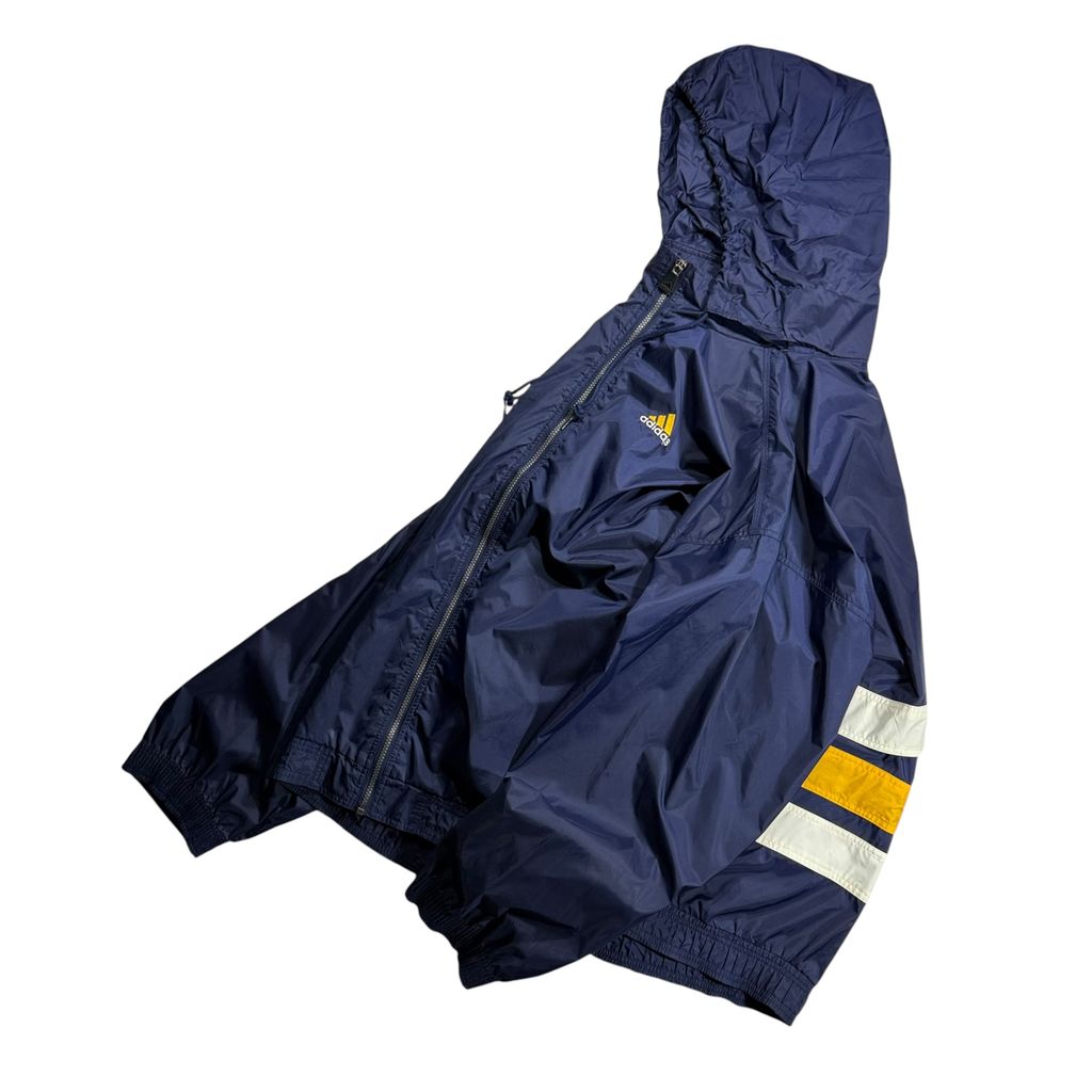 【USED】90s adidas Performance Logo Hooded Nylon Jacket Navy x Yellow x White XXL / アディダス パフォーマンスロゴ フーデッド ナイロンジャケット 切替 90年代
