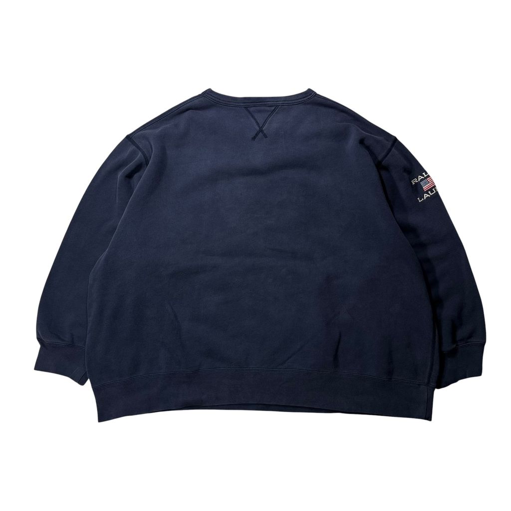 【USED】POLO JEANS CO. RALPH LAUREN Arch Logo Sweat Navy 4XL / ポロジーンズ ラルフローレン アーチロゴ 刺繍 前V スウェット トレーナー ネイビー 超ビッグサイズ 4XL 古着