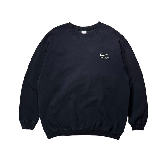 【USED】90s NIKE HOCKEY Sweat Navy XXL MADE IN CANADA / ナイキ ホッケーライン ワンポイント 刺繍 クルーネック スウェット トレーナー ネイビー 濃紺 カナダ製 白タグ XXL 古着