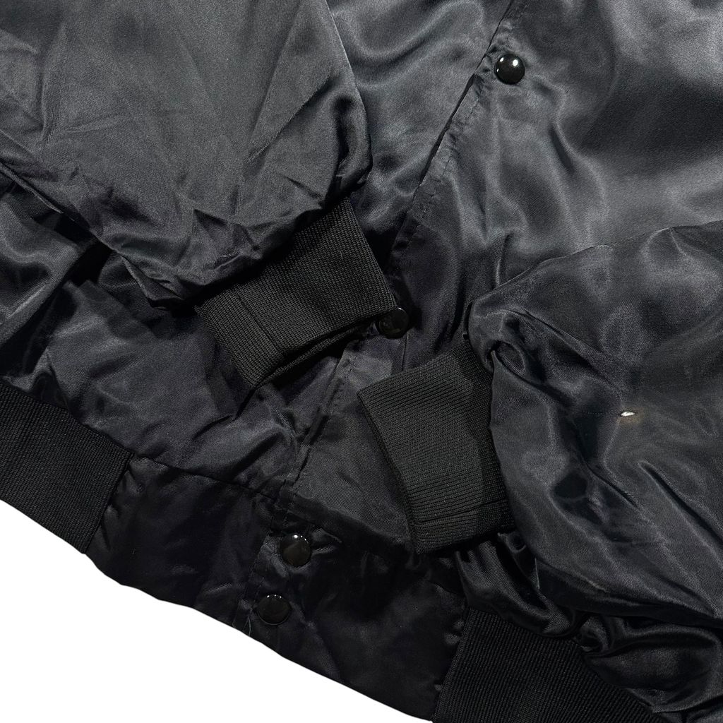 【USED】90s ASW Jackets Satin Bomber Jacket Black L / エーエスダブリュー ナイロンサテン スタジャン スタジアムジャケット カジノ 企業刺繍 ブラック 黒 アメリカ製 USA 90年代 ヴィンテージ 古着