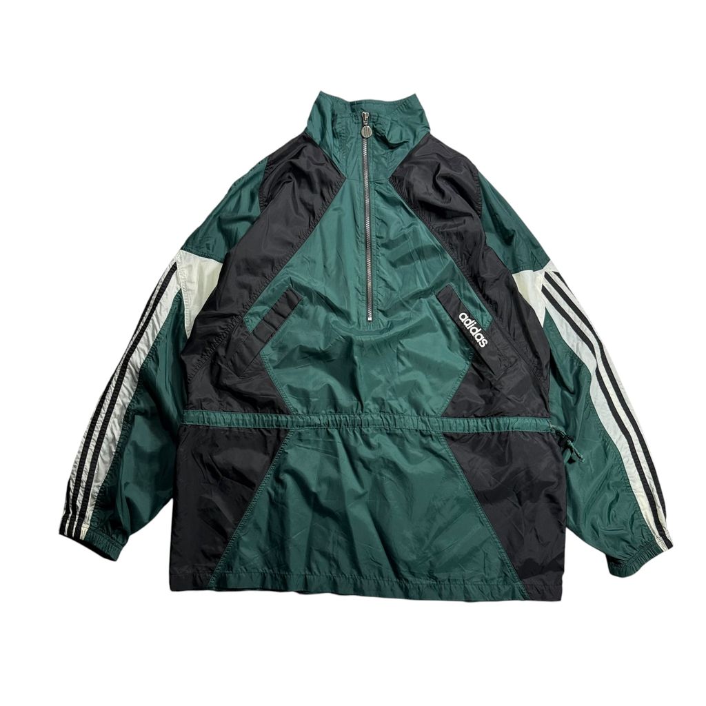 【USED】90s adidas Performance Logo Nylon Pullover Jacket Dark Green x Black x White L / アディダス パフォーマンスロゴ ナイロン プルオーバー ジャケット
