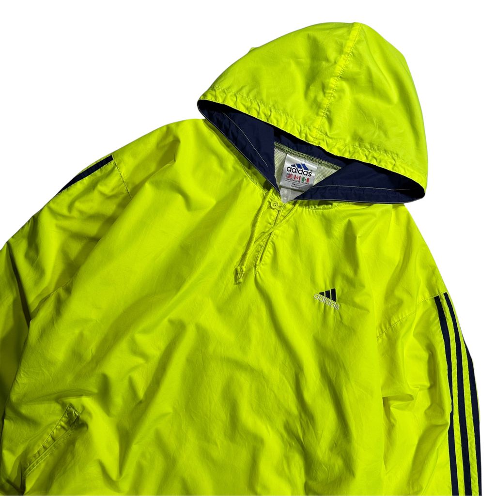 【USED】90s adidas Performance Logo Hooded Nylon Pullover Jacket Lime Green x Navy XL / アディダス パフォーマンスロゴ ナイロンジャケット プルオーバー アノラック