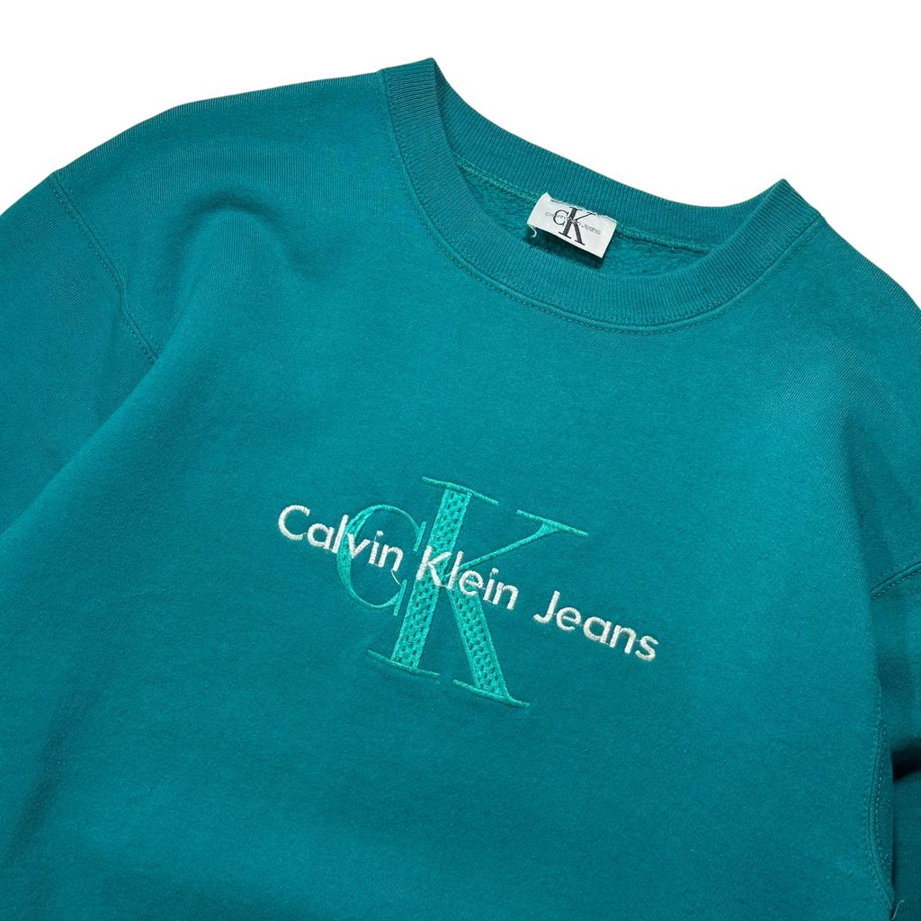 【USED】90s Calvin Klein Jeans Bootleg Sweat Teal Green / カルバンクラインジーンズ ブートレグ センターロゴ 刺繍 クルーネック スウェット ティールグリーン 青緑 90年代 ヴィンテージ 古着