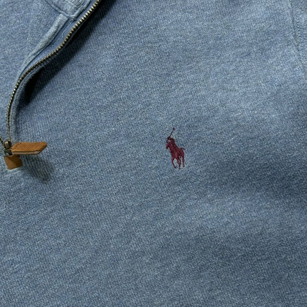 【USED】Polo by Ralph Lauren Half-Zip Cotton Sweat Heather Blue XL / ポロ バイ ラルフローレン ハーフジップ コットン スウェット トレーナー 霜降り ブルー ポニー刺繍 XL 古着