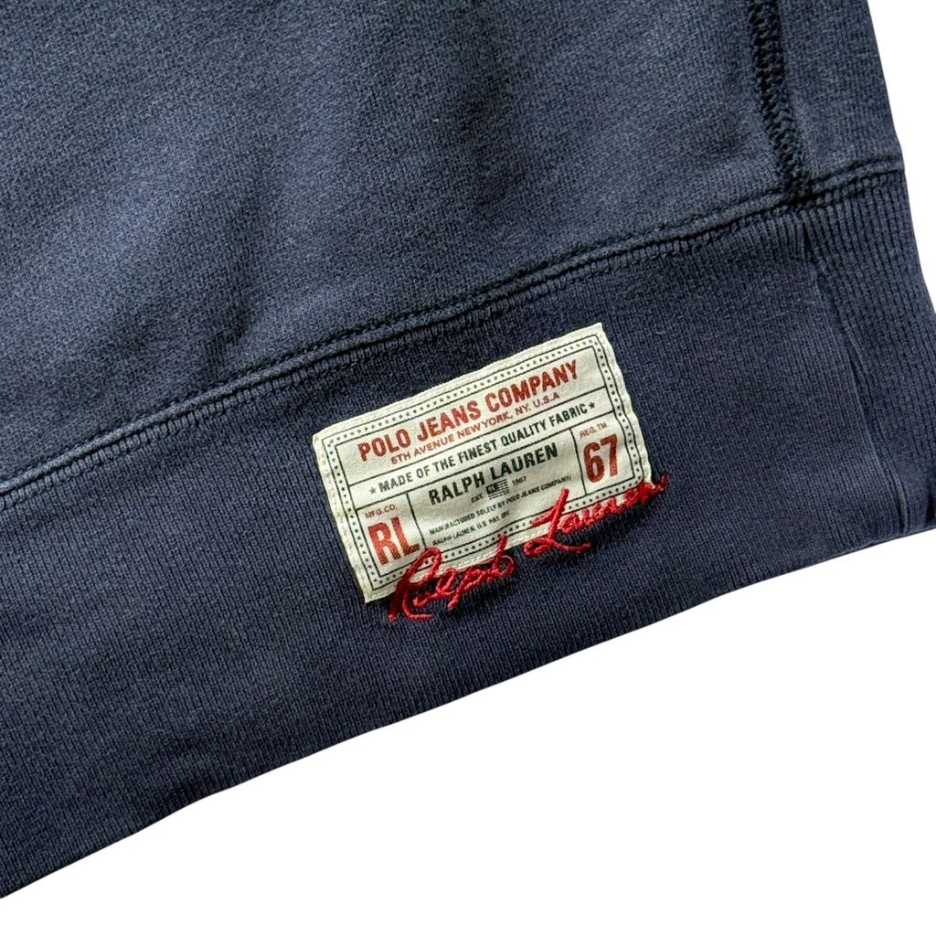 【USED】POLO JEANS CO. RALPH LAUREN Arch Logo Sweat Navy 4XL / ポロジーンズ ラルフローレン アーチロゴ 刺繍 前V スウェット トレーナー ネイビー 超ビッグサイズ 4XL 古着