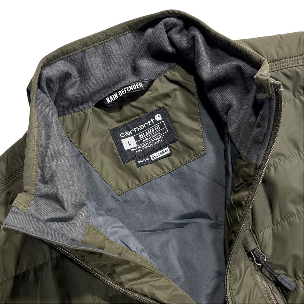 【USED】Carhartt RAIN DEFENDER Relaxed Fit Quilted Vest Dark Green L / カーハート レインディフェンダー リラックスフィット キルティング ベスト ダークグリーン オリーブ ワーク