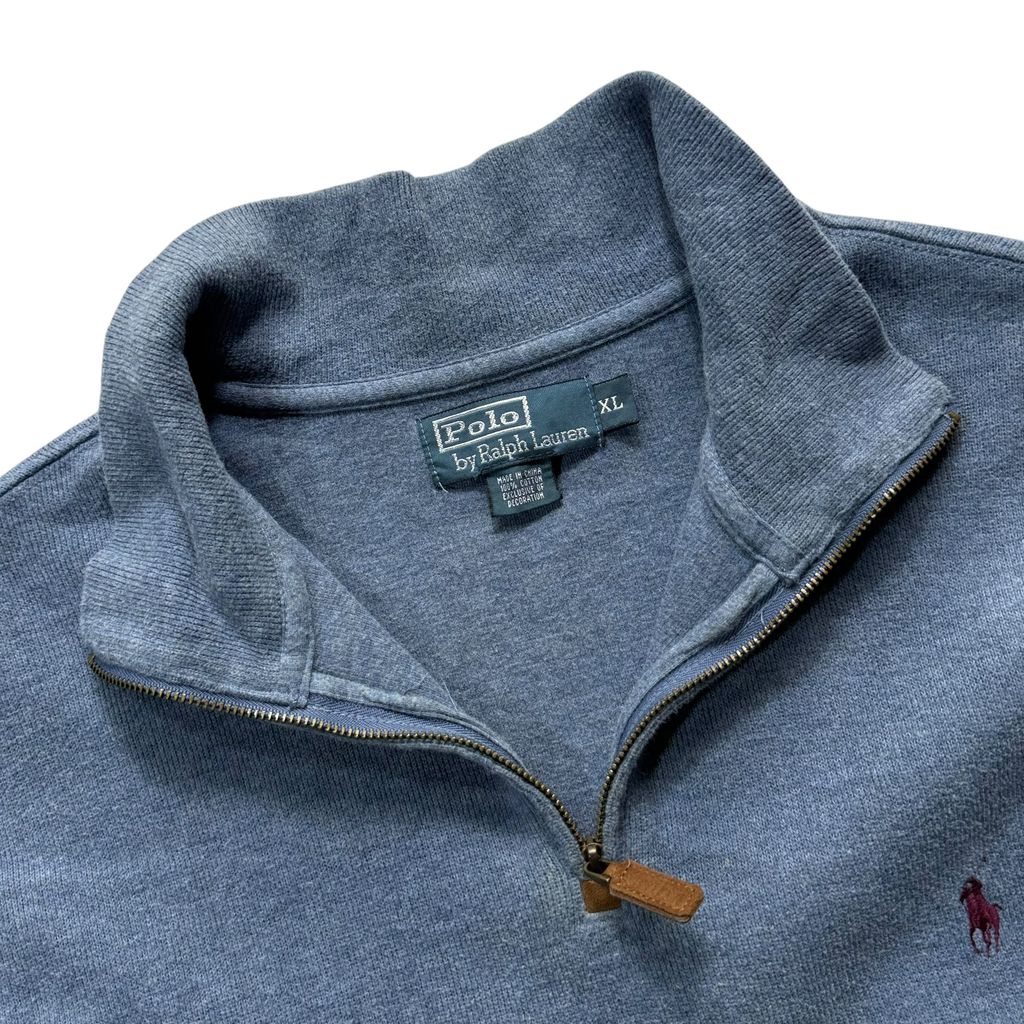【USED】Polo by Ralph Lauren Half-Zip Cotton Sweat Heather Blue XL / ポロ バイ ラルフローレン ハーフジップ コットン スウェット トレーナー 霜降り ブルー ポニー刺繍 XL 古着