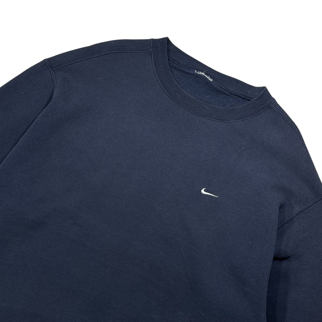 【USED】90s-00s NIKE One Point Swoosh Sweat Navy / ナイキ ワンポイント スウッシュ 刺繍 クルーネック スウェット トレーナー ダークネイビー 濃紺 白タグ メンズ ユニセックス 古着
