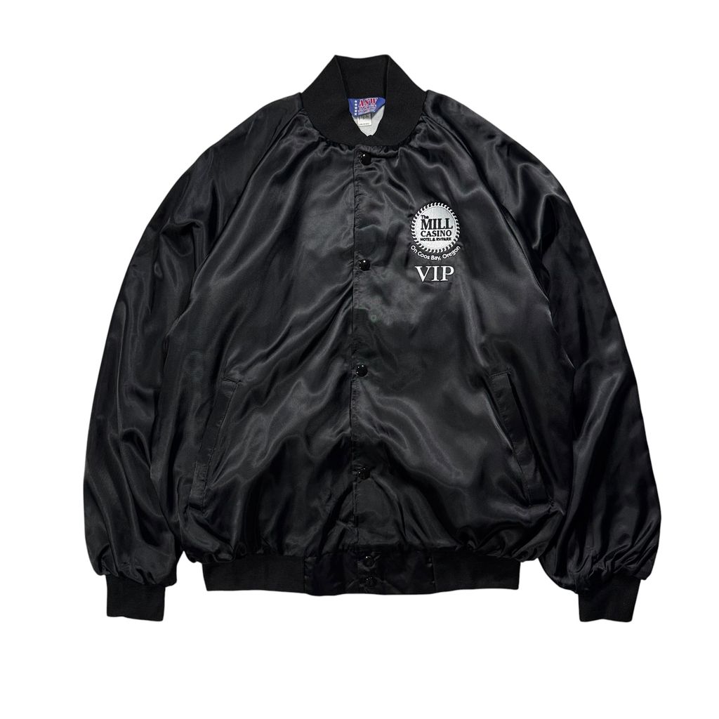 【USED】90s ASW Jackets Satin Bomber Jacket Black L / エーエスダブリュー ナイロンサテン スタジャン スタジアムジャケット カジノ 企業刺繍 ブラック 黒 アメリカ製 USA 90年代 ヴィンテージ 古着