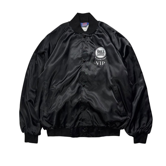 【USED】90s ASW Jackets Satin Bomber Jacket Black L / エーエスダブリュー ナイロンサテン スタジャン スタジアムジャケット カジノ 企業刺繍 ブラック 黒 アメリカ製 USA 90年代 ヴィンテージ 古着