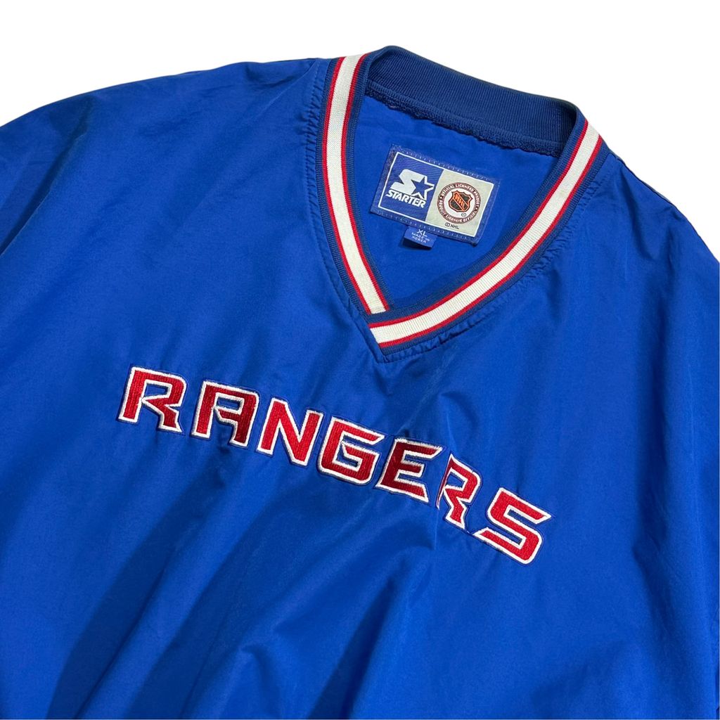 【USED】90s STARTER NHL NEW YORK RANGERS V-Neck Nylon Pullover Jacket Royal Blue XL / スターター NHL ニューヨーク レンジャース Vネック ナイロン プルオーバー ジャケット