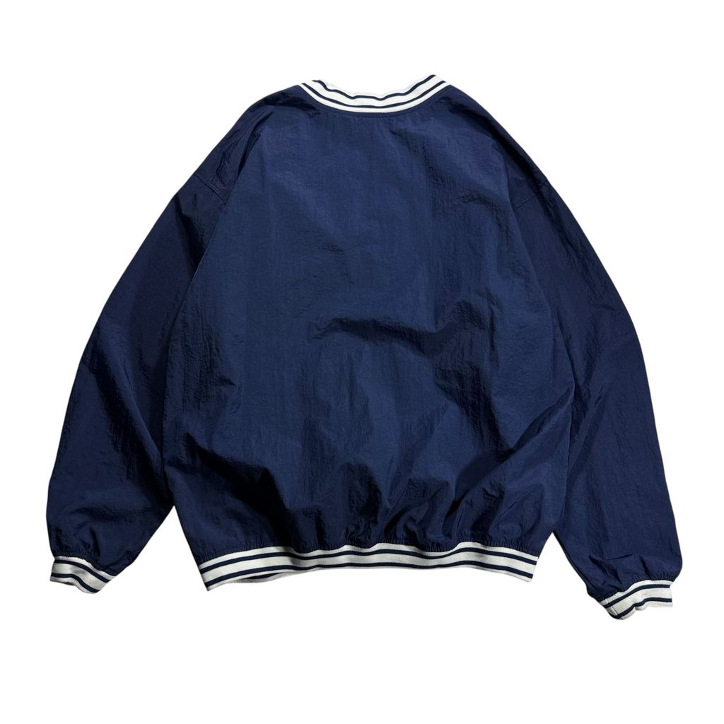 【USED】90s NIKE V-Neck Nylon Pullover Jacket Navy x White L / ナイキ Vネック ナイロン プルオーバー ジャケット ウィンドブレーカー リブ切替 刺繍 紺 白 90年代