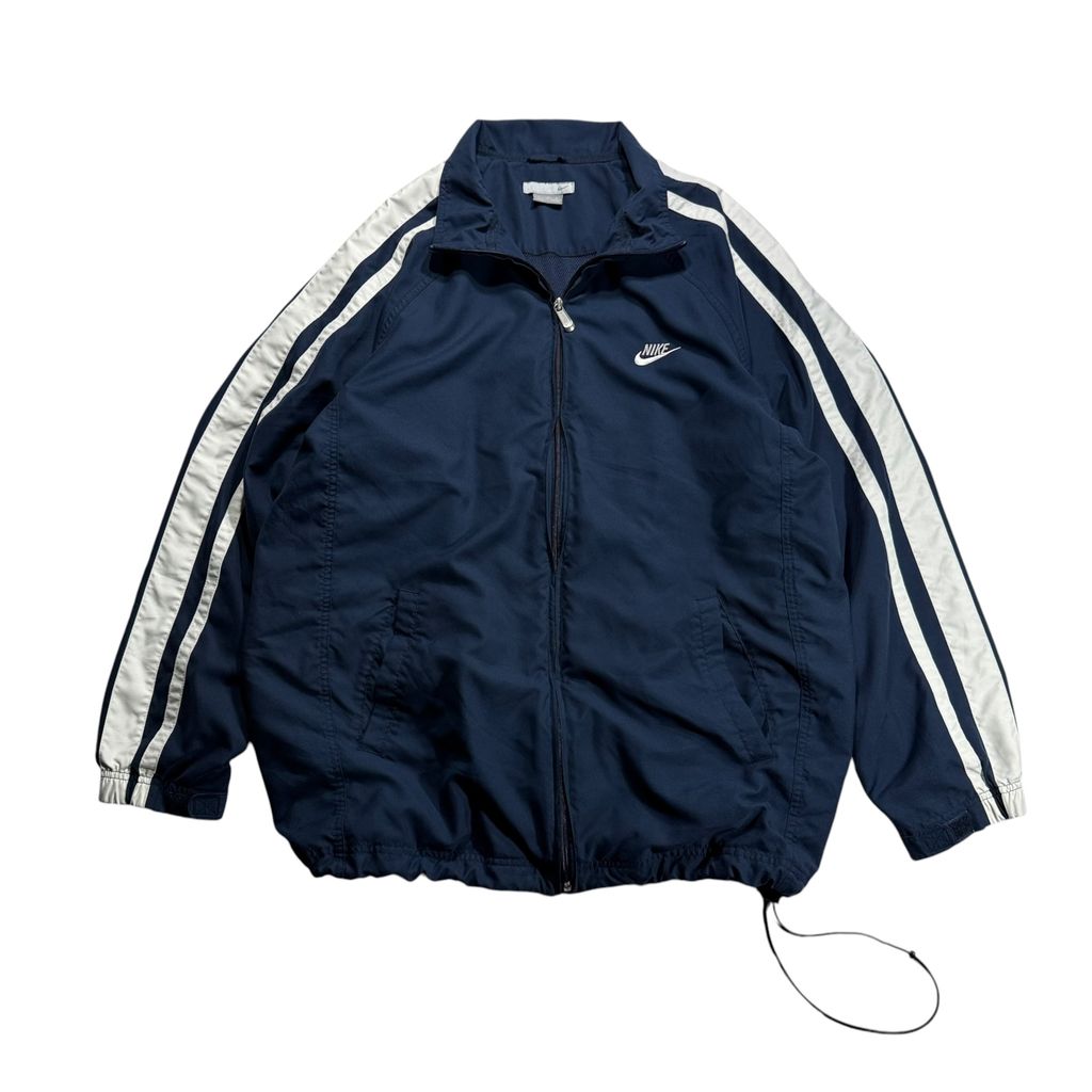 【USED】00s NIKE Nylon Track Jacket Navy x White XL / ナイキ ナイロンジャケット トラックジャケット サイドライン 刺繍ロゴ 紺 白 00年代