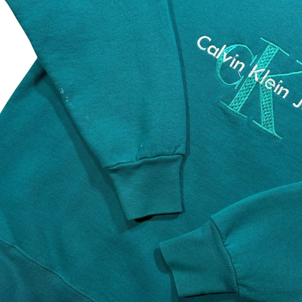 【USED】90s Calvin Klein Jeans Bootleg Sweat Teal Green / カルバンクラインジーンズ ブートレグ センターロゴ 刺繍 クルーネック スウェット ティールグリーン 青緑 90年代 ヴィンテージ 古着