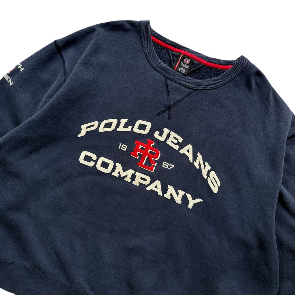 【USED】POLO JEANS CO. RALPH LAUREN Arch Logo Sweat Navy 4XL / ポロジーンズ ラルフローレン アーチロゴ 刺繍 前V スウェット トレーナー ネイビー 超ビッグサイズ 4XL 古着