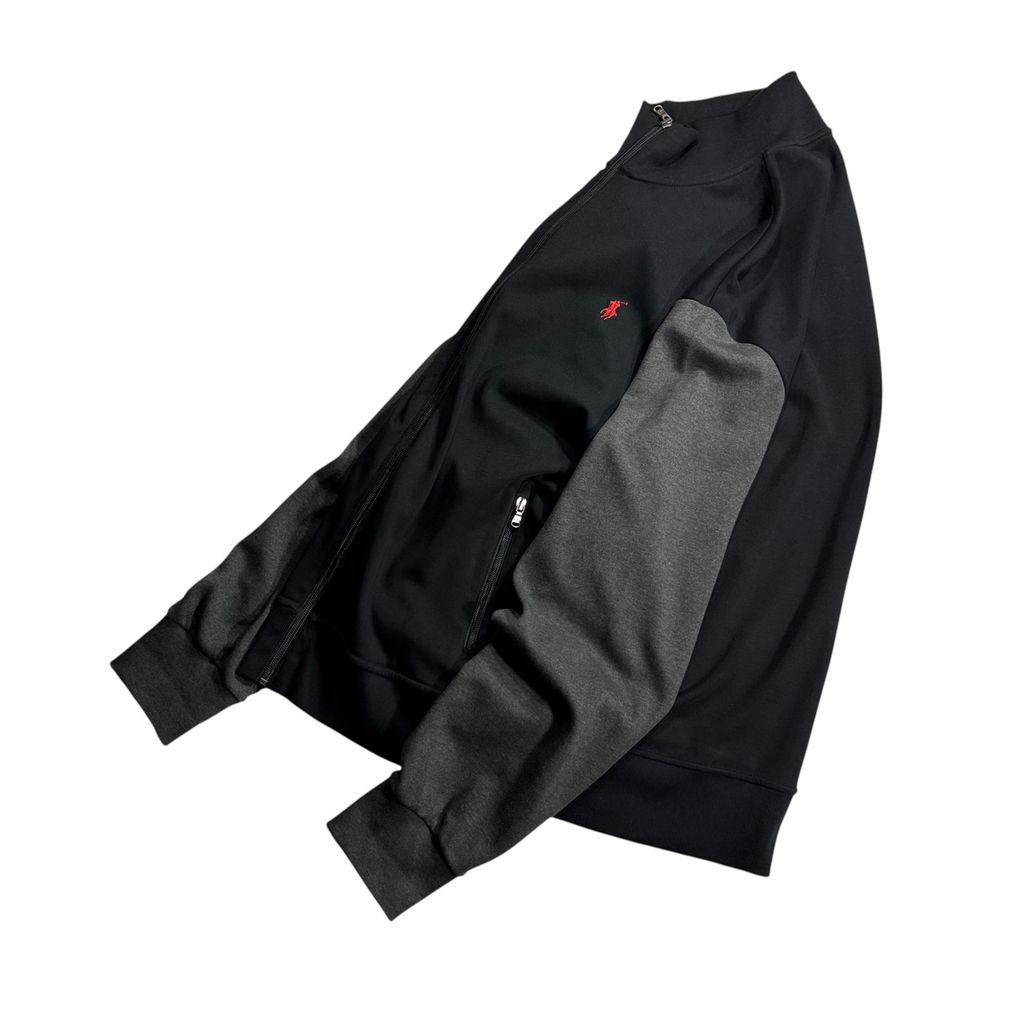 POLO RALPH LAUREN Color Block Track Jacket Black x Dark Gray L / ポロラルフローレン カラーブロック トラックジャケット ジャージ フルジップスタンドカラー 切替 刺繍ロゴ 黒 灰色 00s〜10s 古着 USED