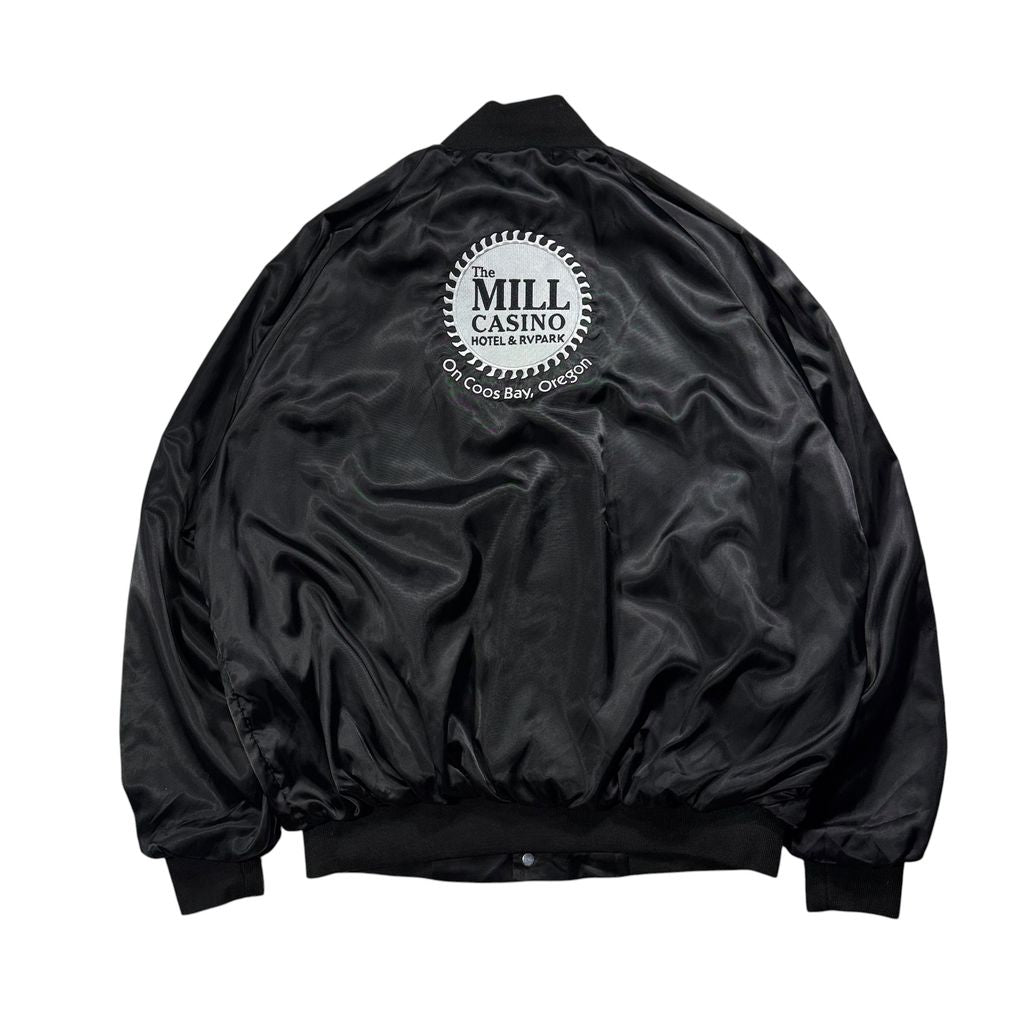 【USED】90s ASW Jackets Satin Bomber Jacket Black L / エーエスダブリュー ナイロンサテン スタジャン スタジアムジャケット カジノ 企業刺繍 ブラック 黒 アメリカ製 USA 90年代 ヴィンテージ 古着