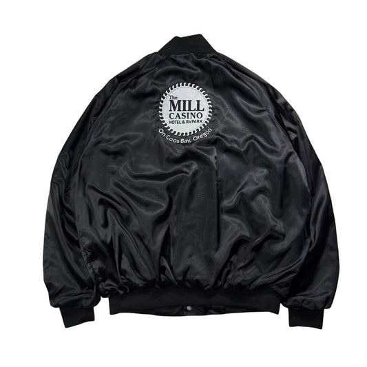 【USED】90s ASW Jackets Satin Bomber Jacket Black L / エーエスダブリュー ナイロンサテン スタジャン スタジアムジャケット カジノ 企業刺繍 ブラック 黒 アメリカ製 USA 90年代 ヴィンテージ 古着