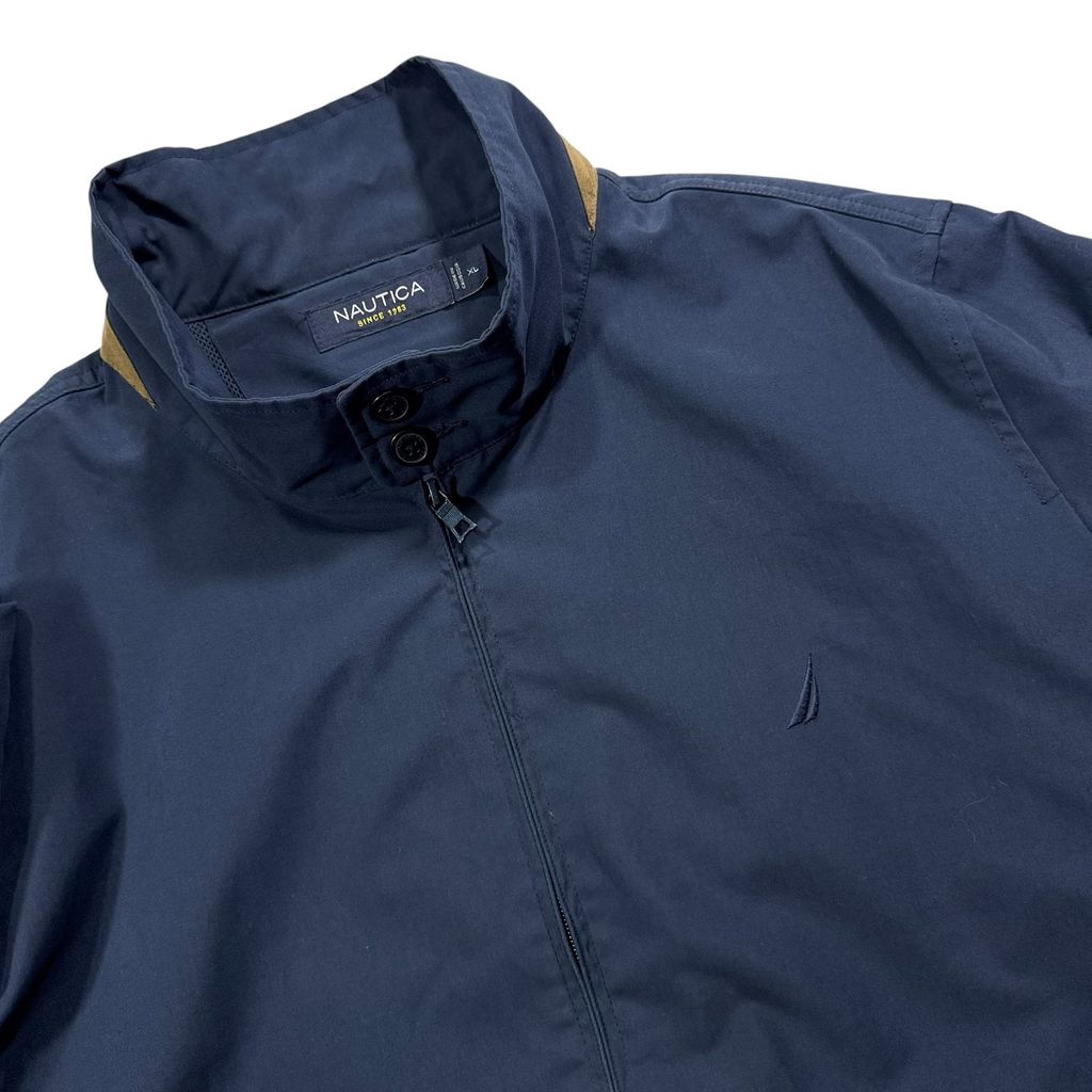【USED】NAUTICA Swing Top Jacket Navy XL / ノーティカ スウィングトップ ジップアップブルゾン ジャケット 立ち襟 コーデュロイ切り替え 紺 ビッグサイズ 古着 USED