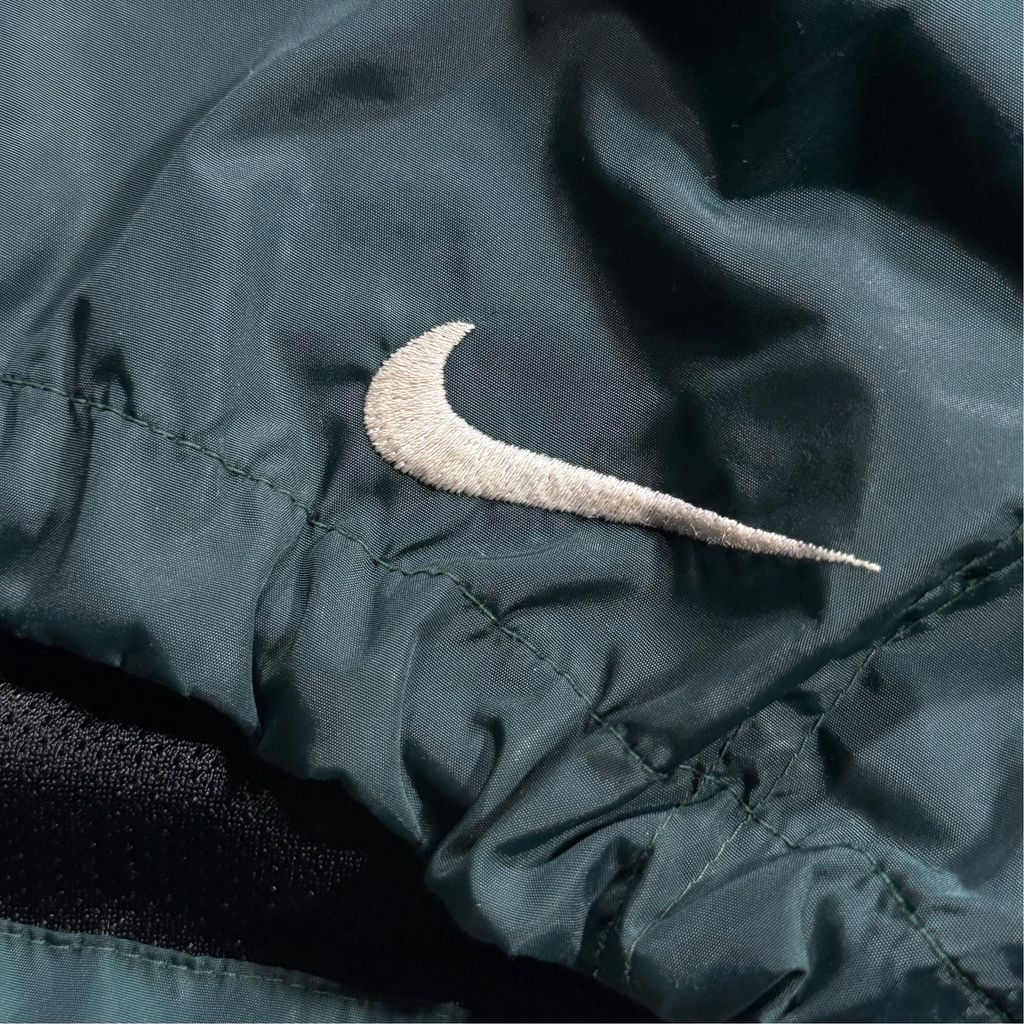 【USED】90s NIKE Nylon Full-Zip Jacket Dark Green x Yellow x White XL / ナイキ ナイロンジャケット フルジップ 襟付き 切替 バックビッグスウッシュ 90年代