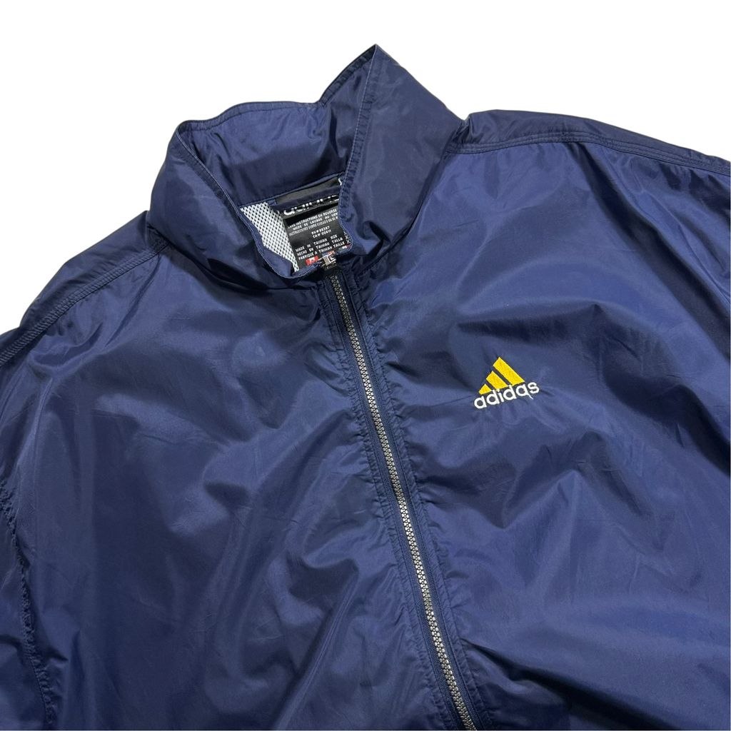 【USED】90s adidas Performance Logo Hooded Nylon Jacket Navy x Yellow x White XXL / アディダス パフォーマンスロゴ フーデッド ナイロンジャケット 切替 90年代