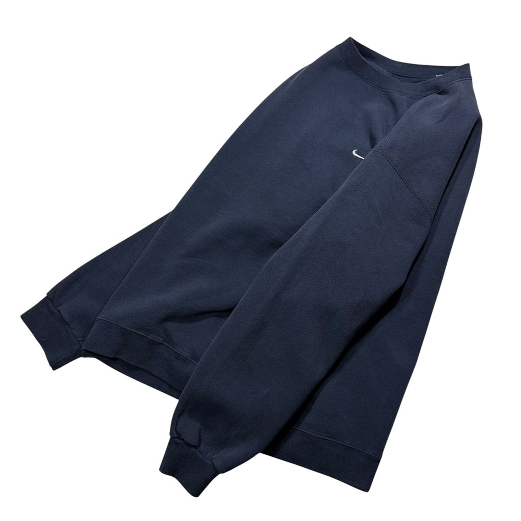 【USED】90s-00s NIKE One Point Swoosh Sweat Navy / ナイキ ワンポイント スウッシュ 刺繍 クルーネック スウェット トレーナー ダークネイビー 濃紺 白タグ メンズ ユニセックス 古着