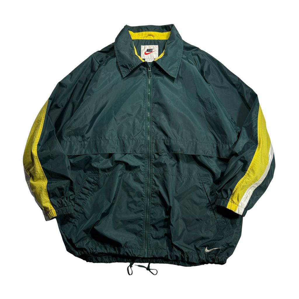 【USED】90s NIKE Nylon Full-Zip Jacket Dark Green x Yellow x White XL / ナイキ ナイロンジャケット フルジップ 襟付き 切替 バックビッグスウッシュ 90年代