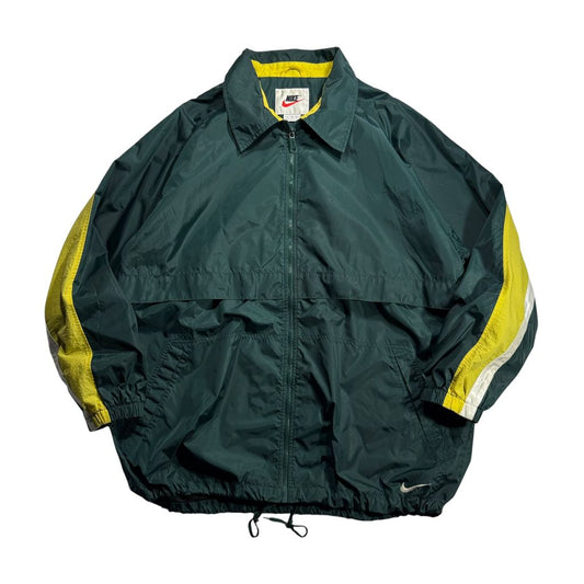 【USED】90s NIKE Nylon Full-Zip Jacket Dark Green x Yellow x White XL / ナイキ ナイロンジャケット フルジップ 襟付き 切替 バックビッグスウッシュ 90年代
