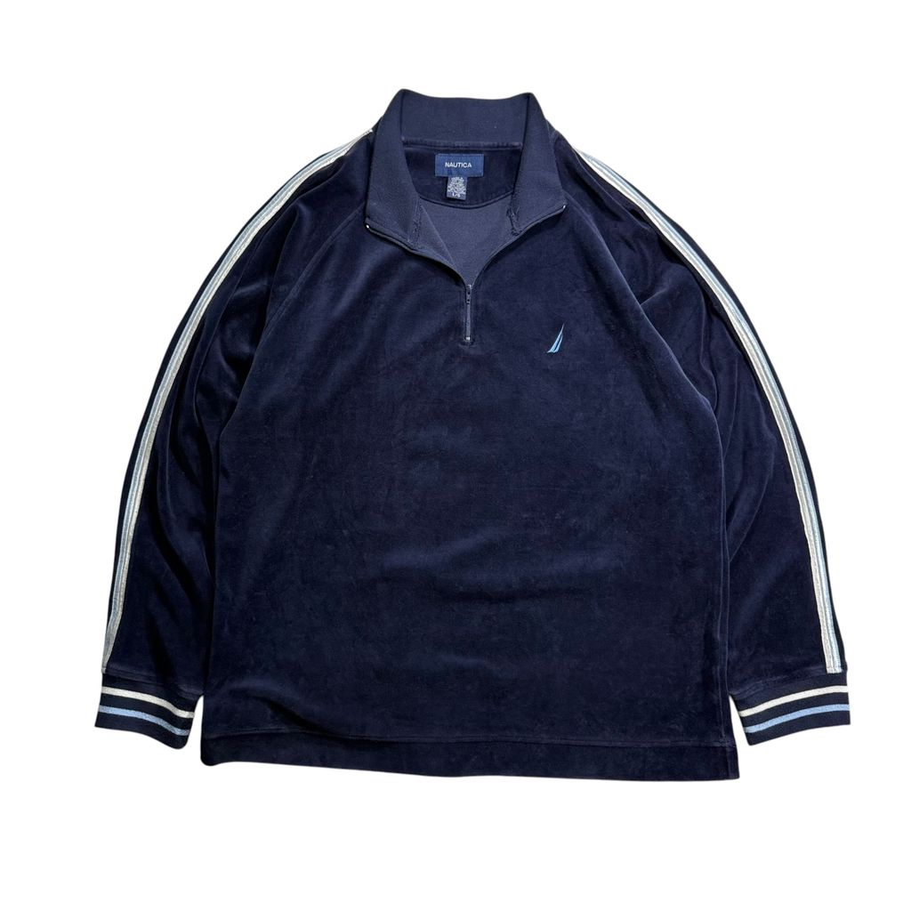 【USED】90s〜00s NAUTICA Velour Half Zip Pullover Jacket Navy L / ノーティカ ベロア ハーフジップ プルオーバー ジャケット ジャージ トラックトップ 紺 90年代