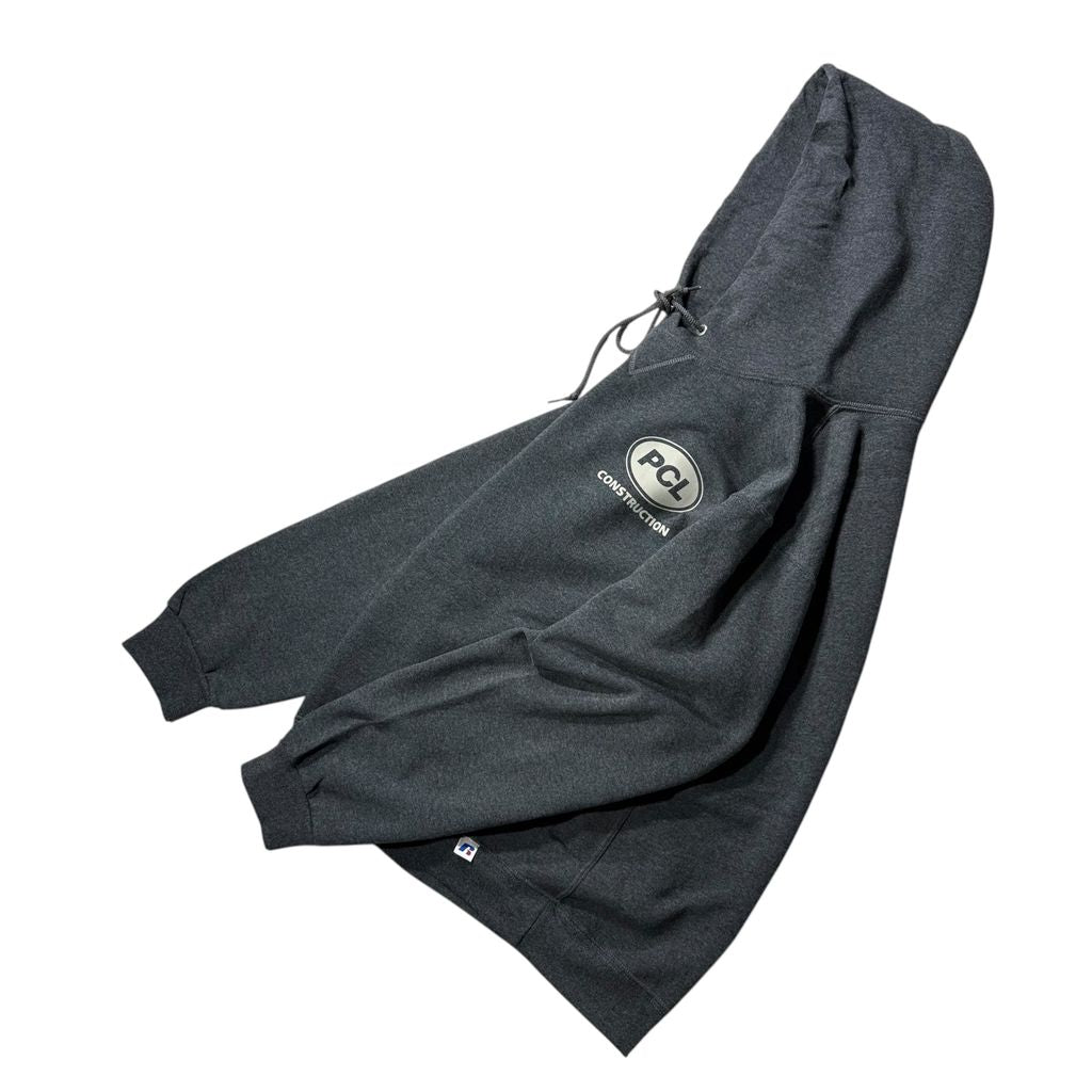 【USED】RUSSELL ATHLETIC PCL CONSTRUCTION Sweat Hoodie Grey S / ラッセルアスレチック 企業ロゴ スウェット パーカー プルオーバー チャコール グレー ホンジュラス製 デッドストック 古着