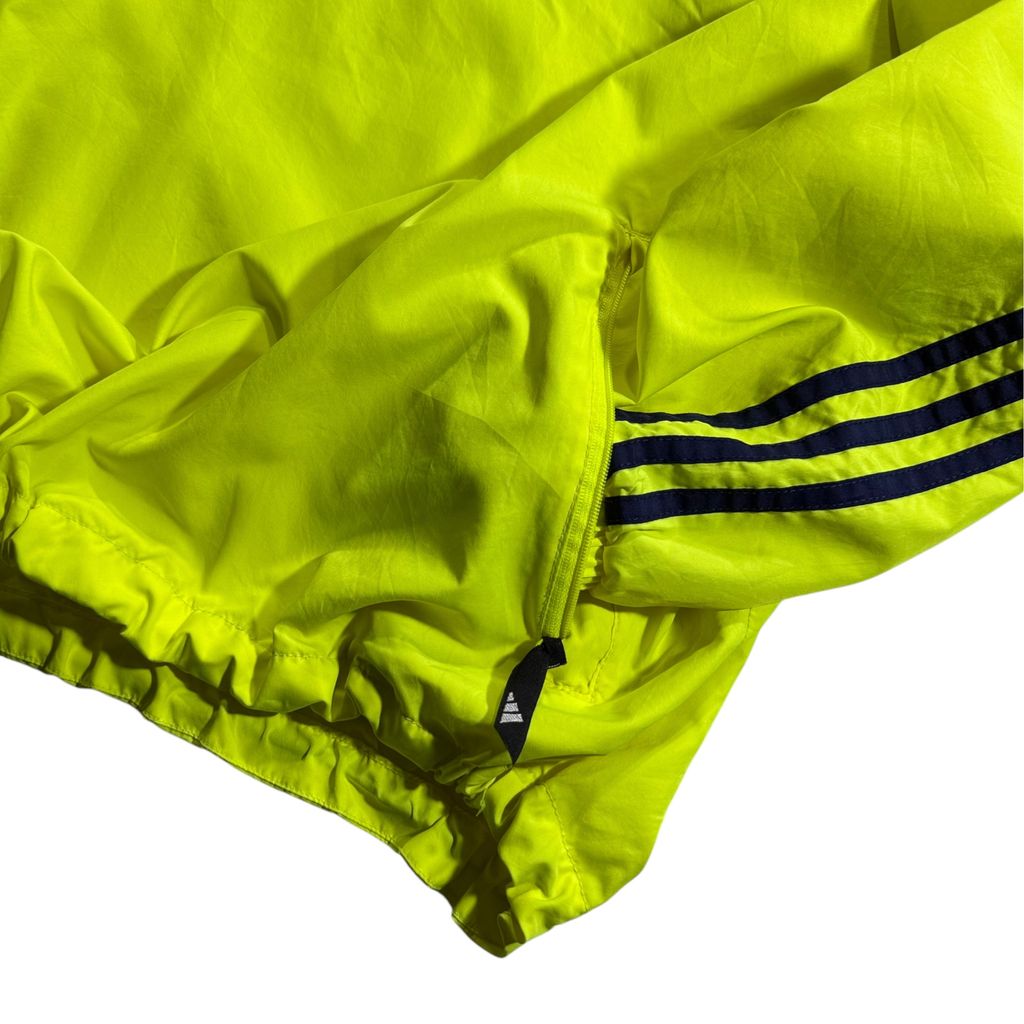 【USED】90s adidas Performance Logo Hooded Nylon Pullover Jacket Lime Green x Navy XL / アディダス パフォーマンスロゴ ナイロンジャケット プルオーバー アノラック
