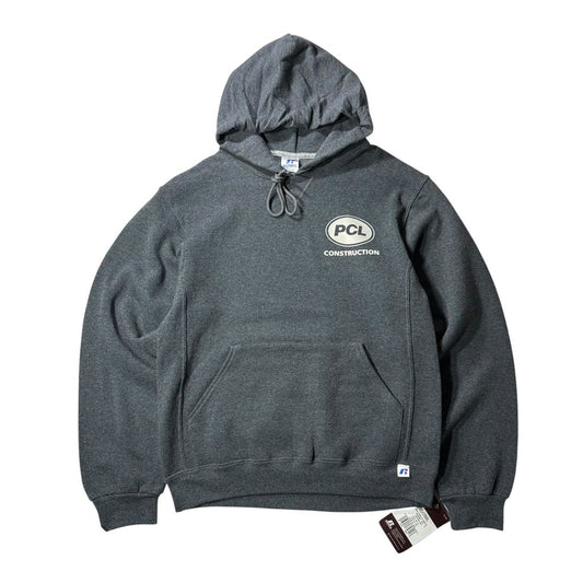 【USED】RUSSELL ATHLETIC PCL CONSTRUCTION Sweat Hoodie Grey S / ラッセルアスレチック 企業ロゴ スウェット パーカー プルオーバー チャコール グレー ホンジュラス製 デッドストック 古着