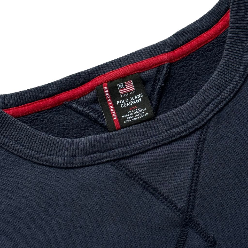 【USED】POLO JEANS CO. RALPH LAUREN Arch Logo Sweat Navy 4XL / ポロジーンズ ラルフローレン アーチロゴ 刺繍 前V スウェット トレーナー ネイビー 超ビッグサイズ 4XL 古着