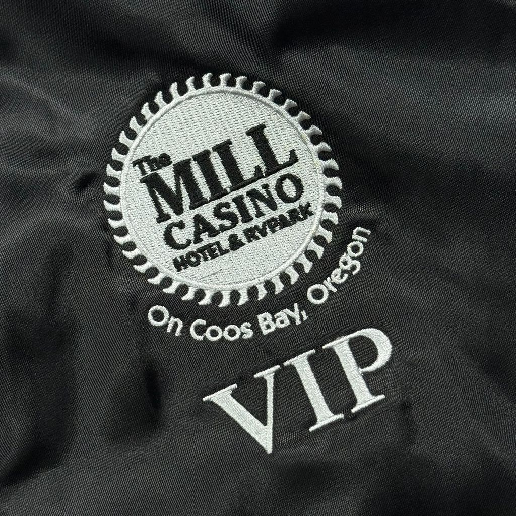 【USED】90s ASW Jackets Satin Bomber Jacket Black L / エーエスダブリュー ナイロンサテン スタジャン スタジアムジャケット カジノ 企業刺繍 ブラック 黒 アメリカ製 USA 90年代 ヴィンテージ 古着