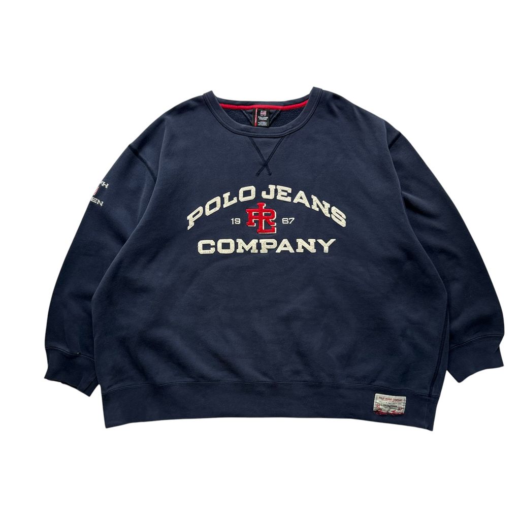 【USED】POLO JEANS CO. RALPH LAUREN Arch Logo Sweat Navy 4XL / ポロジーンズ ラルフローレン アーチロゴ 刺繍 前V スウェット トレーナー ネイビー 超ビッグサイズ 4XL 古着